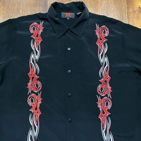 DF Clothing Vintage Y2K Rave Party Tribal Print Black Red Button Down Shirt XL - Picture 2 of 8